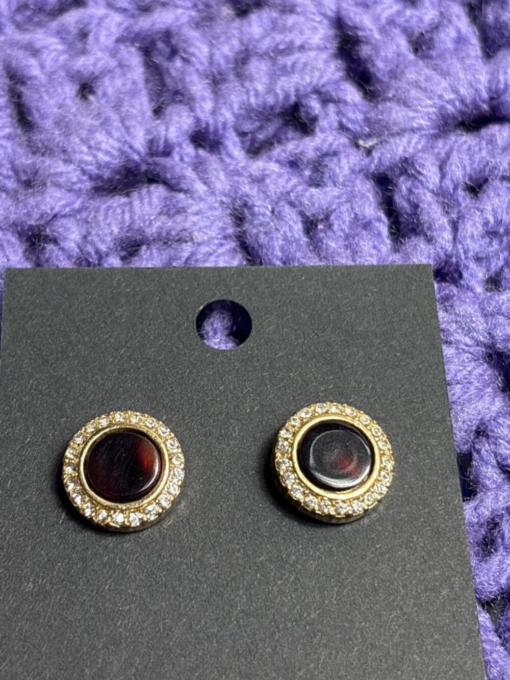 Red Black Acrylic Stud Earrings Clear Rhinestone Halo Goldtone 5/8 inch